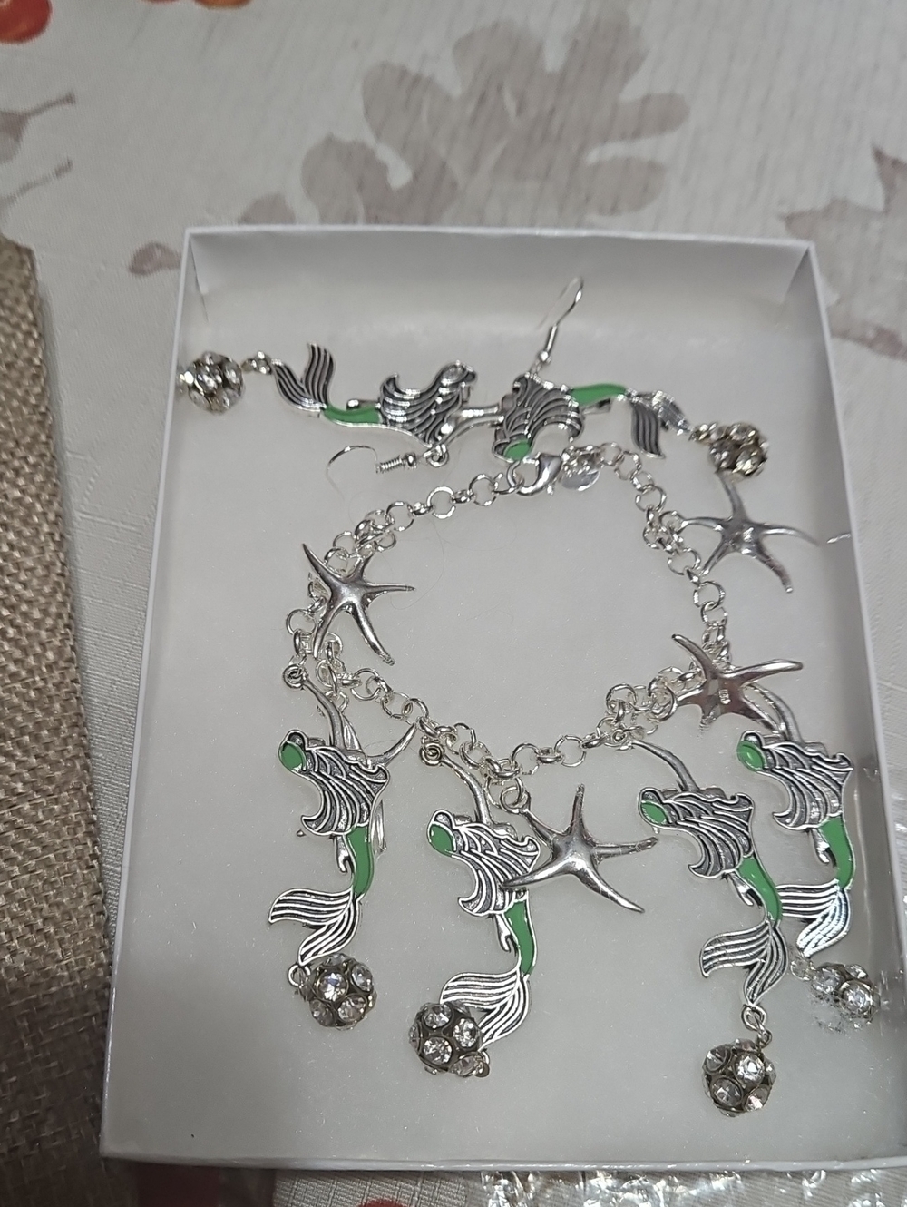 Silver Mermaid Charm Bracelet and Earrings Set - Green Accents